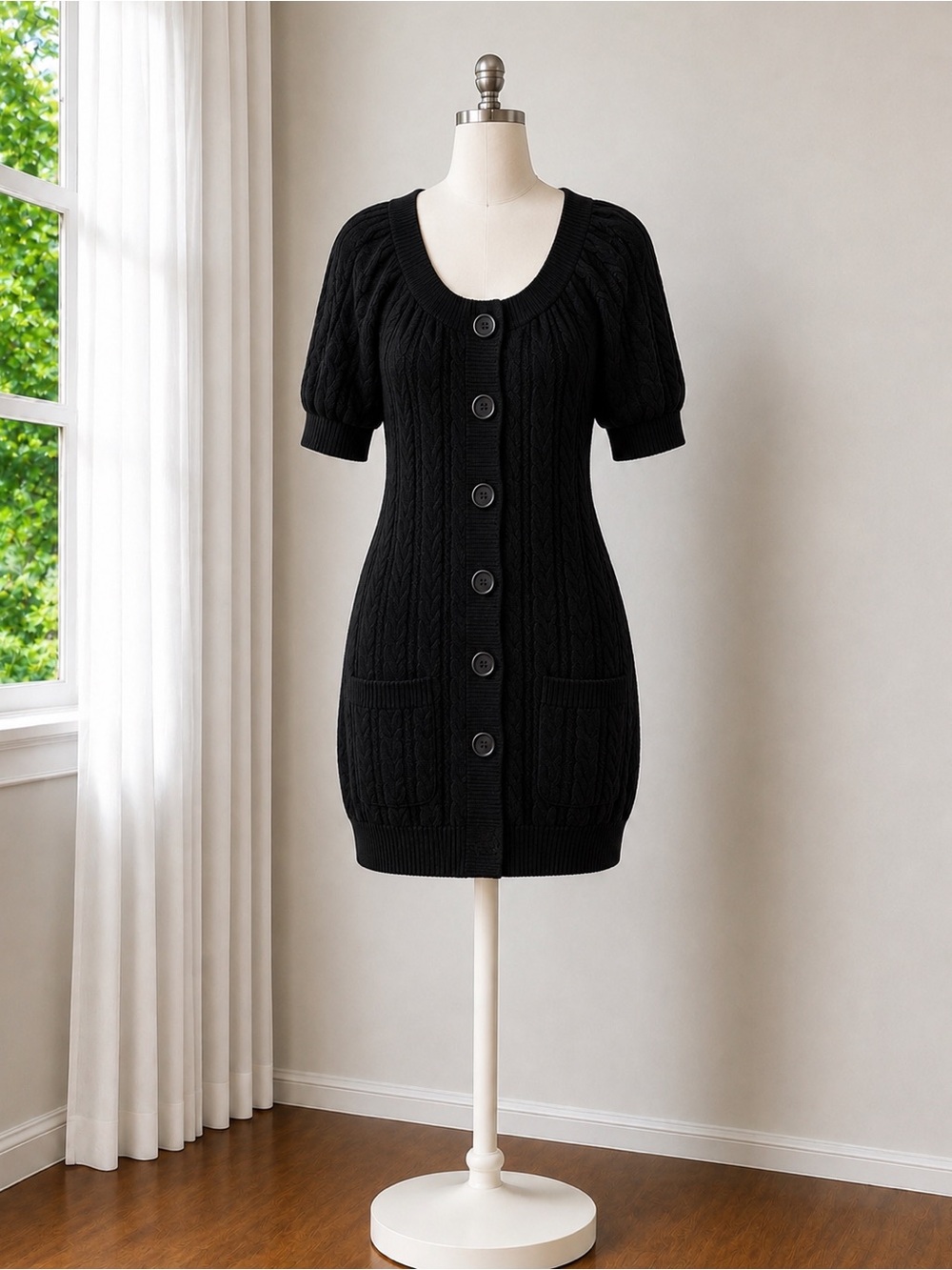 MICHAEL Michael Kors Black Cable-Knit Button Front Mini Dress